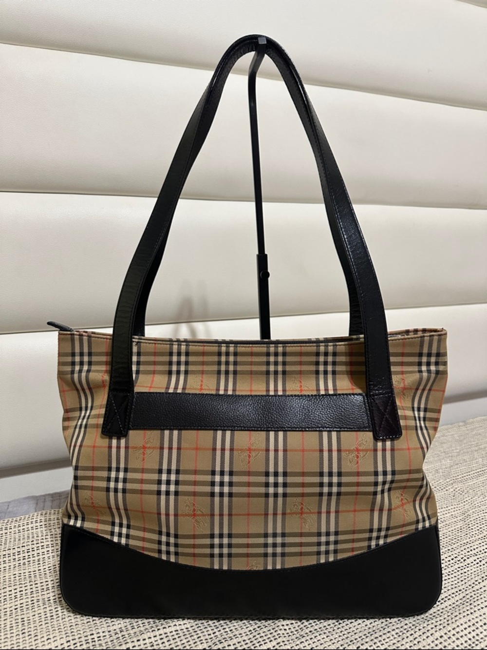Burberry Classic Check Canvas Tote Bag with Black Leather Trim - Picture 2 of 15